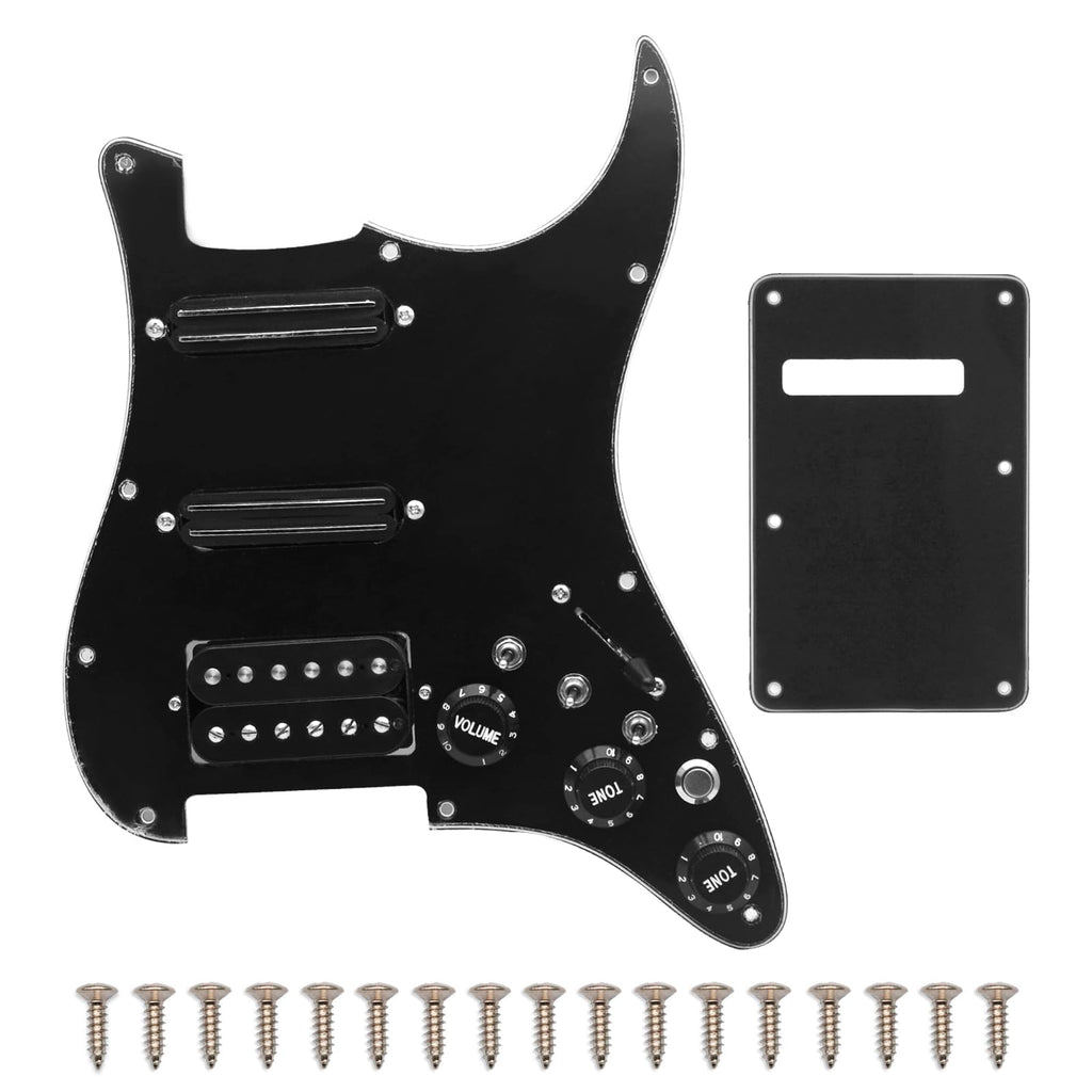 SAPHUE SSH-Coil Splitting Electric Guitar Pickguard Two Mini Humbucker + ONE Humbucker(9K/9K/15K)+Silence Switch Loaded Prewired Scratchplate (Black-Black) Black-Black