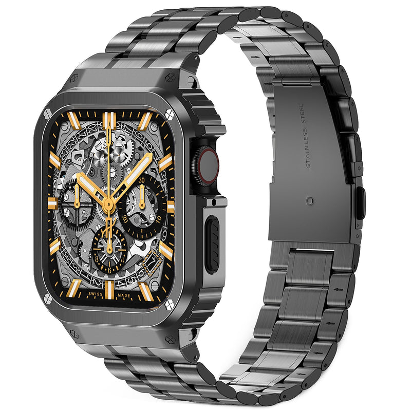 Metal Band Compatible with Apple Watch Band 44mm 45mm for Series SE/SE2 9 8 7 6 5 4,Stainless Steel iWatch Band with Bumper Case for Men,iWatch Strap with Metal Protective Cover Z-Space Gray 45mm(Series 9/8/7)
