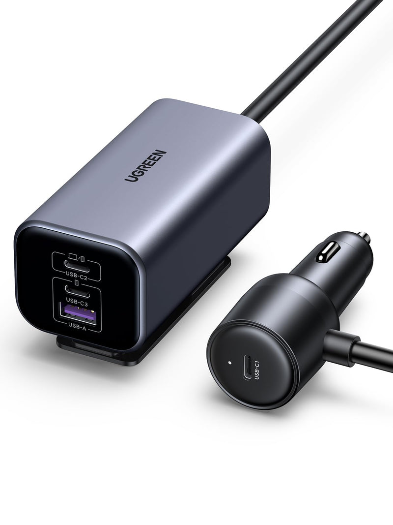 UGREEN 150W 4-Port Retractable Car Charger with Built-in Cable | 3 USB-C 1 USB-A, Compatible with iPhone 17 Air 17 Pro 17 Pro Max 16 15 14 13 12, Galaxy S25 S24 S23 Ultra, iPad, MacBook