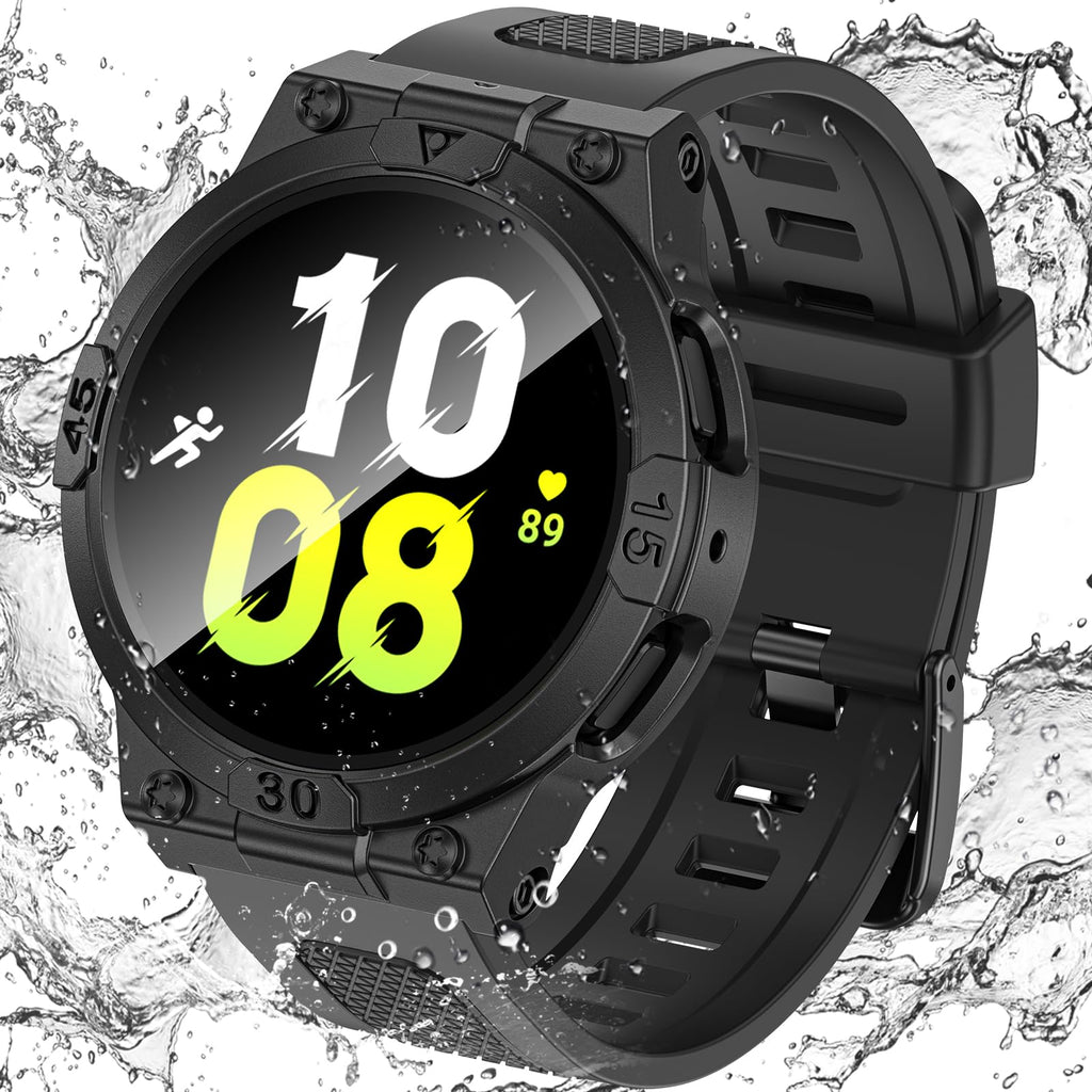 Goton [3 in 1 Waterproof Case and Band for Sumsung Galaxy Watch 5 4 44mm 40mm, 360° Protective Hard PC Front & Back Bumper with HD Tempered Glass Screen Protector for Galaxy Watch Cover Accessories… Matte Black