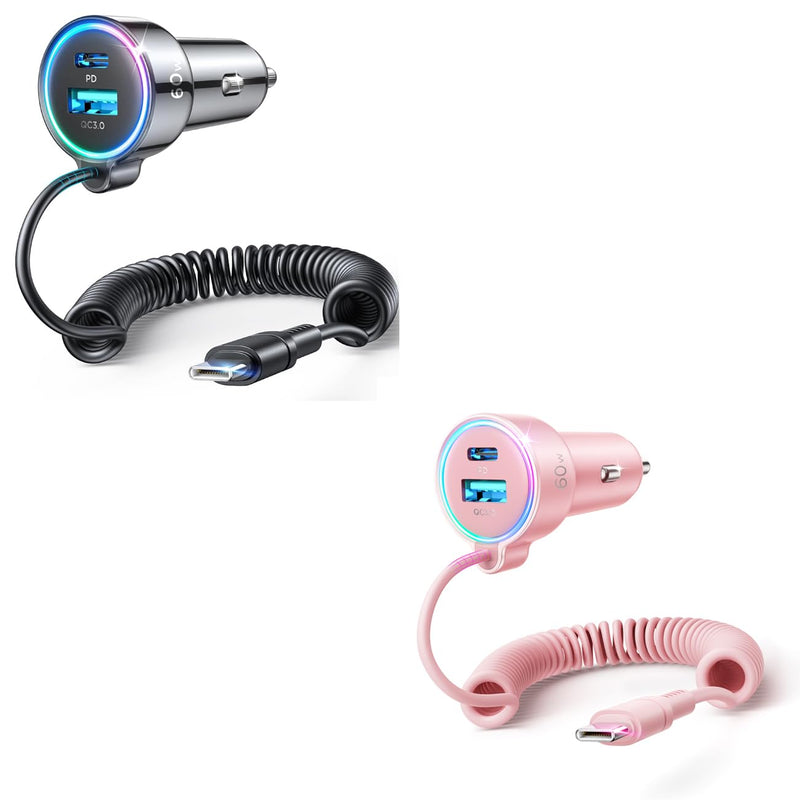 USB C 60W Super Fast Car Charger PD& QC3.0 with 5ft 30W Type C Coiled Cable, Car Phone Charger Adapter for iPhone 15 Pro Max Plus, Samsung Galaxy S23/S22/S21, Google Pixel/Moto/LG/Android, iPad Pro