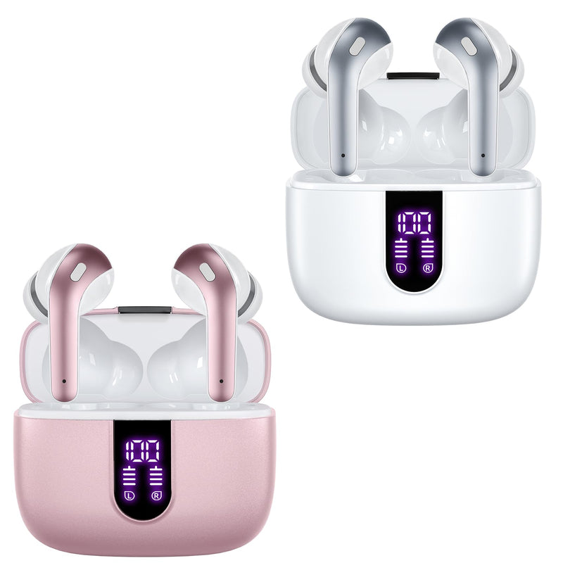 TAGRY 2 Sets X08 Pink and White Bluetooth Headphones True Wireless Earbuds 60H Playback Ear Buds with Wireless Charging Case in-Ear Earbuds with Mic