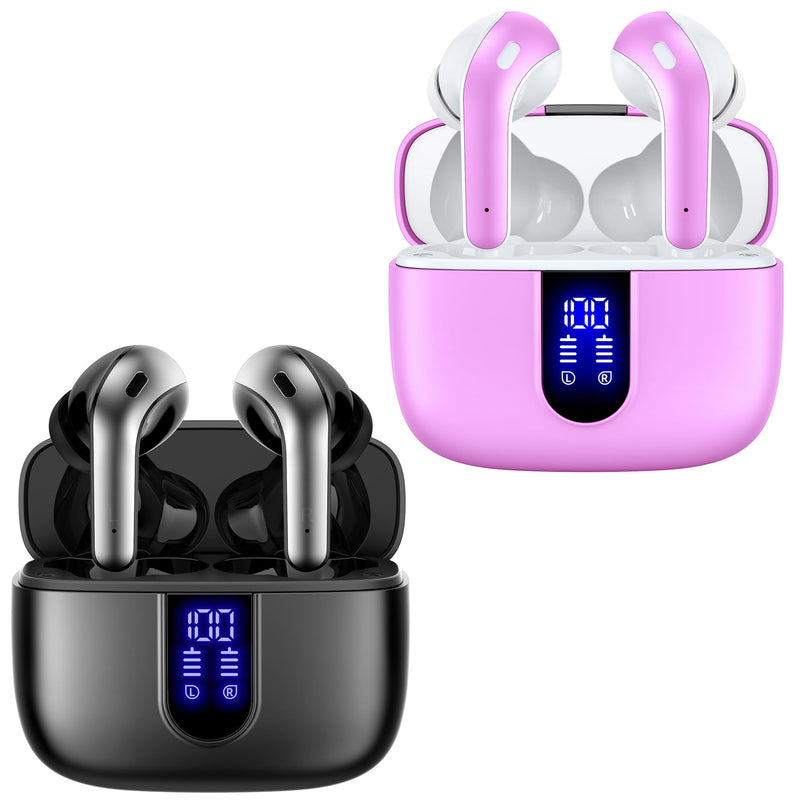 TAGRY 2 Sets X08 Sunset Pink and Black Bluetooth Headphones True Wireless Earbuds 60H Playback Ear Buds with Wireless Charging Case in-Ear Earbuds with Mic