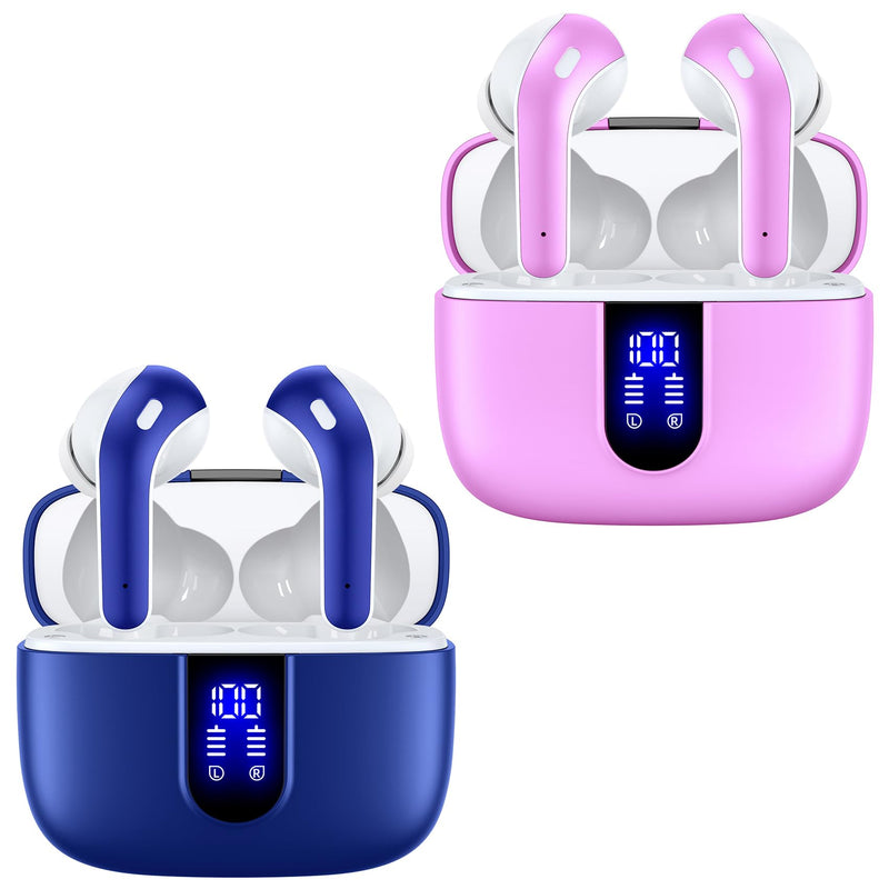 TAGRY 2 Sets X08 Ocean Blue and Sunset Pink Bluetooth Headphones True Wireless Earbuds 60H Playback Ear Buds with Wireless Charging Case in-Ear Earbuds with Mic