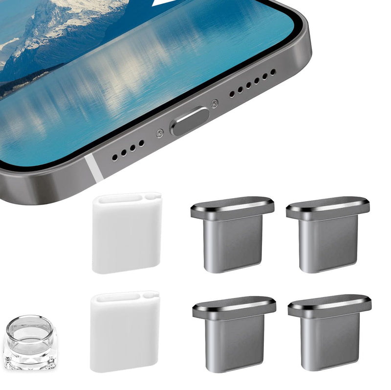 4 Pack Designed for iPhone 15 Pro Max Plus USB C Anti Dust Plugs C Charging Port Covers with 2 Plug Holders, Full Protection Caps Wireless Charging Friendly Phone Accessories(Gray)