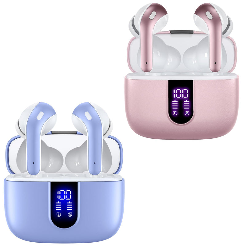 TAGRY 2 Sets X08 Pink and Purple Bluetooth Headphones True Wireless Earbuds 60H Playback Ear Buds with Wireless Charging Case in-Ear Earbuds with Mic