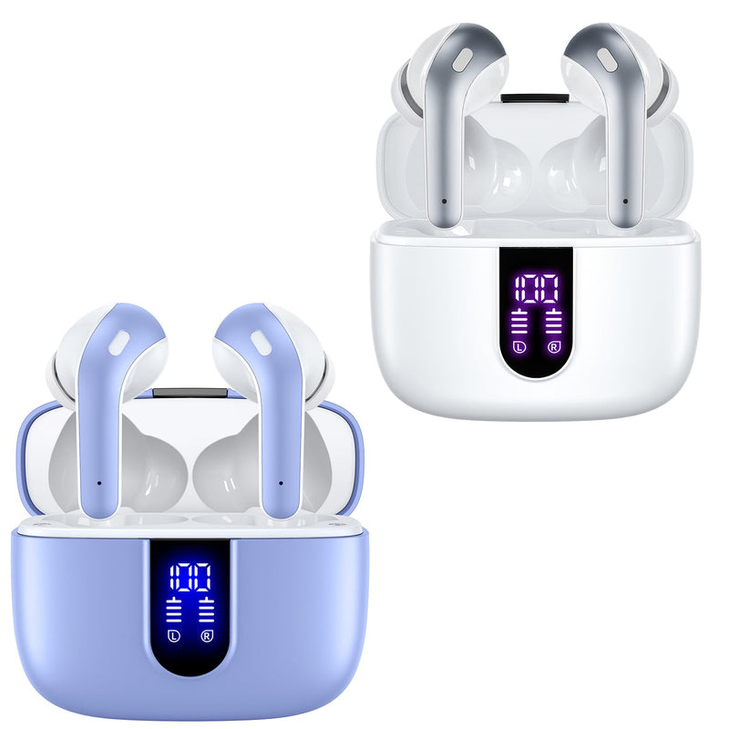 TAGRY 2 Sets X08 White and Purple Bluetooth Headphones True Wireless Earbuds 60H Playback Ear Buds with Wireless Charging Case in-Ear Earbuds with Mic