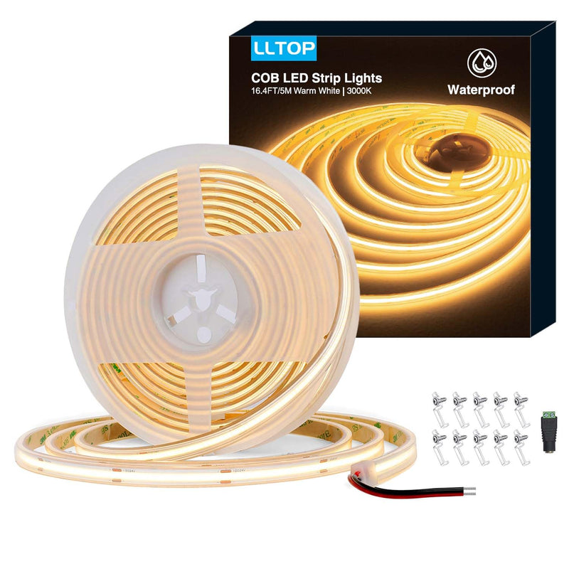 [AUSTRALIA] - LLTOP COB LED Strip Lights Waterproof IP67 DC24v Warm White 3000K 16.4ft/5m High CRI 92Ra+ Outdoor LED Tape Lighting DIY Cuttable for Bedroom Kitchen Cabinet Shelf (Power Supply Not Included) Warm White 3000K (power supply not included) 