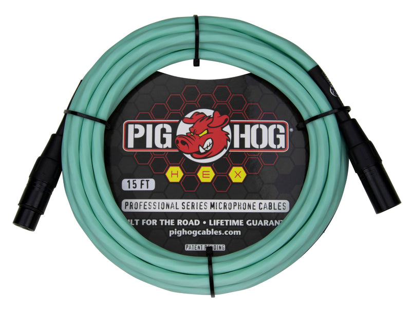 Pig Hog PHMH15SG Hex Series Mic Cable, Seafoam Green 15ft