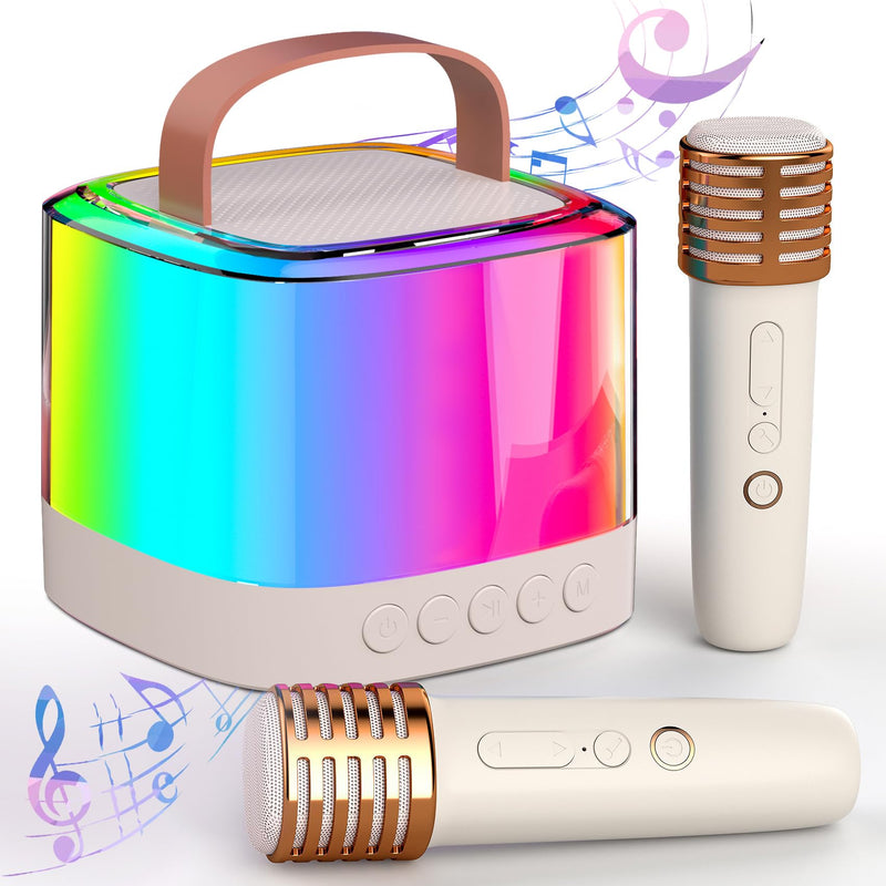 Mini Karaoke Machine for Kids Adults, Portable Bluetooth Karaoke Speaker with 2 Wireless Mics and LED Color Lights, Inside The Car, Party, Home KTV, Birthday for Girls/Boys Ages 3-12+, Beige