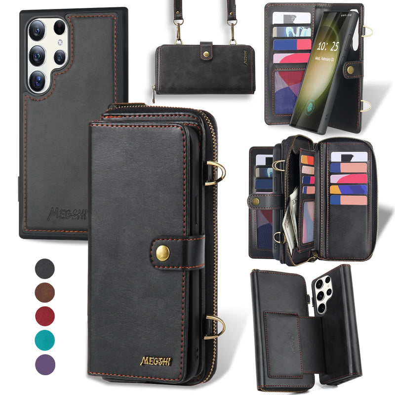for Samsung Galaxy S24 Ultra Wallet Case,Multi-Function Wallet Case, Detachable 3 in 1 Magnetic Galaxy S24 Ultra Case Wallet,Flip Strap Zipper Card Holder Phone Case with Shoulder Straps(Black) Black