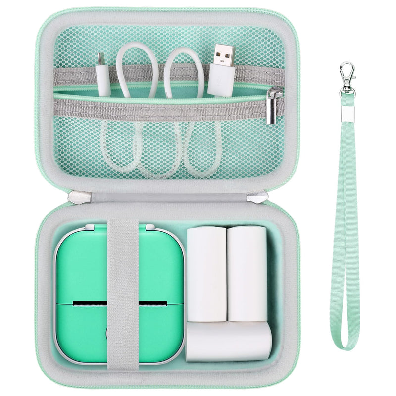 Hard Travel Case for T02 Mini Printer Sticker Printer, Wireless Mini Sticker Printer Machine Storage Holder Protection Case with Zipper Mesh Pocket fit Thermal Paper, Charging Cable, Green