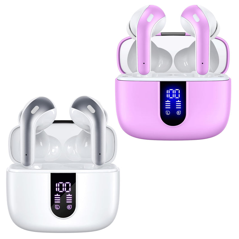TAGRY 2 Sets X08 White and Sunset Pink Bluetooth Headphones True Wireless Earbuds 60H Playback Ear Buds with Wireless Charging Case in-Ear Earbuds with Mic