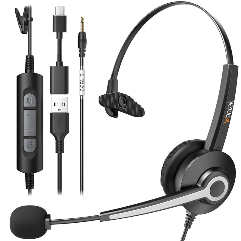 Wantek USB-A/USB C/3.5mm Jack 3-in-1 PC Headset, Wired & Noise with Noise-Cancelling Microphone for Laptop - Type-C Computer Headphones with Mic in-line Control for Home Dark Black