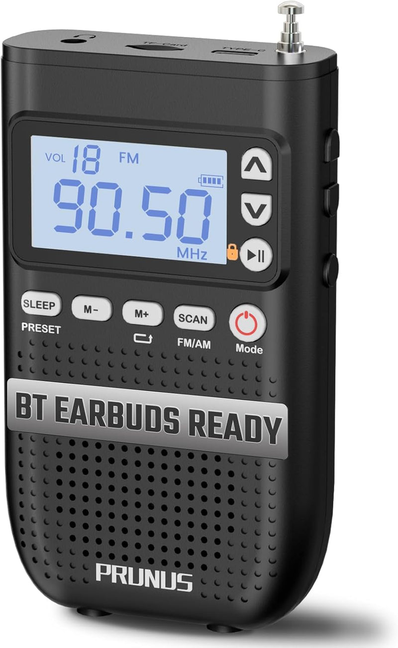 [AUSTRALIA] - PRUNUS J-618 Portable Radio AM FM to Bluetooth Earphone, as Bluetooth Speaker, 2000mah Rechargeable Radio, Preset, TF Card Shuffle Play, Headphone Jack, Sleep Timer, Walkman Radios, Digital Radios 