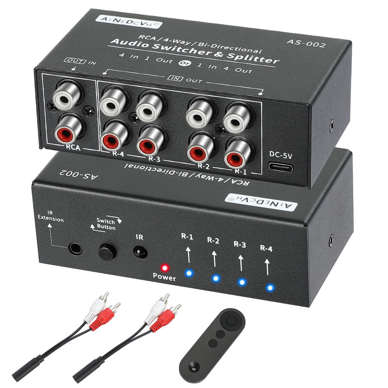 [AUSTRALIA] - RCA 4-Way Bi-Directional Audio Switcher Splitter, 1 in 4 Out / 4 in 1 Out Stereo L/R Sound Channel Audio Switch Selector Splitter Box with Remote Control for Speakers Headphones Amps (Black) 