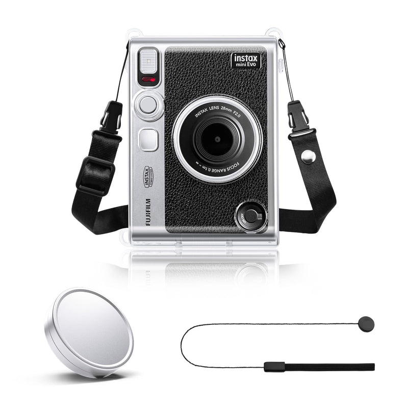 Rieibi Accessories for Fujifilm Instax Mini Evo Instant Camera, Christmas Gift Bundle Includes Clear Instax Mini Evo Case & Lens Cap with Anti-Loss String 3 accessories