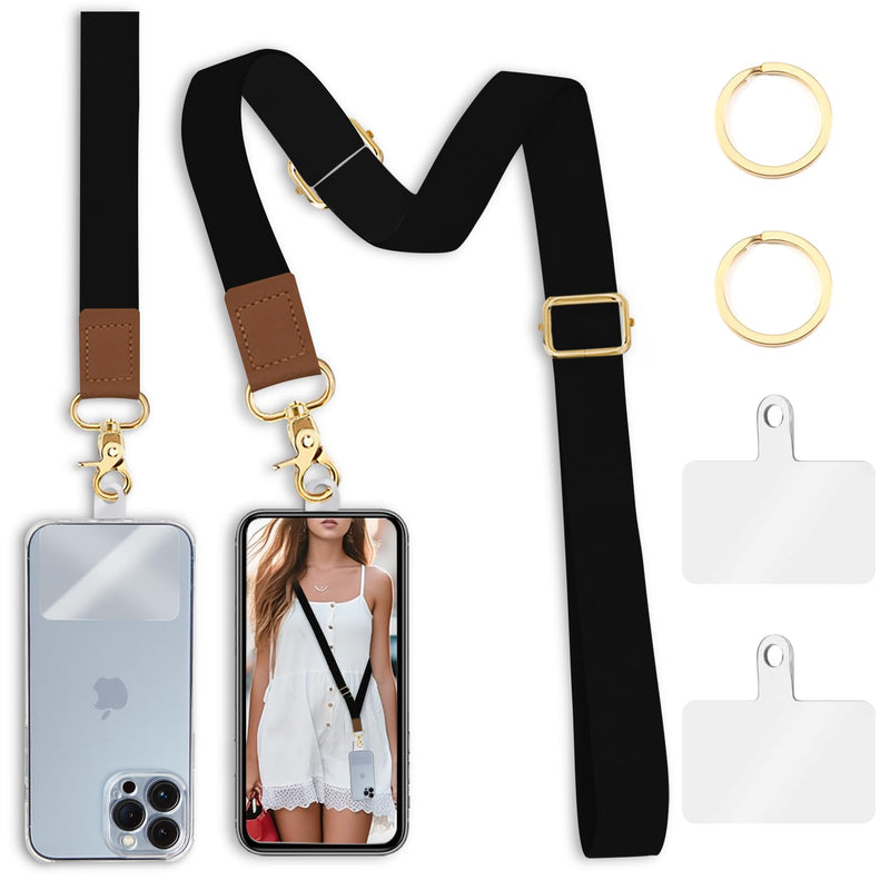 Phone Lanyard Crossbody Wrist Strap, Black Cell Phone Lanyards for Around The Neck Wristlet Shoulder, Adjustable Cute Phone Strap for Car Keys Keychain Wallet Phone Case ID Badge Solid Black