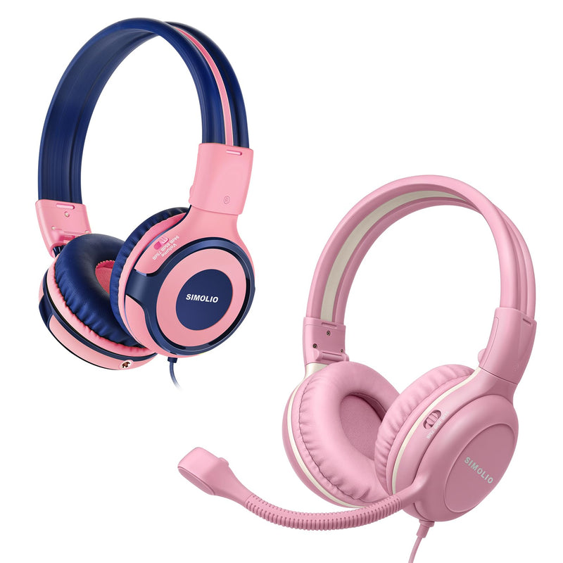 SIMOLIO Kids Headphones with Microphone for School, 75/85/94 dB Wired Headphones with Built-in MIC or Boom Mic for PC, Laptop, Gaming, Over Ear Pink Stereo Corded Headset for Girls, Children, Students