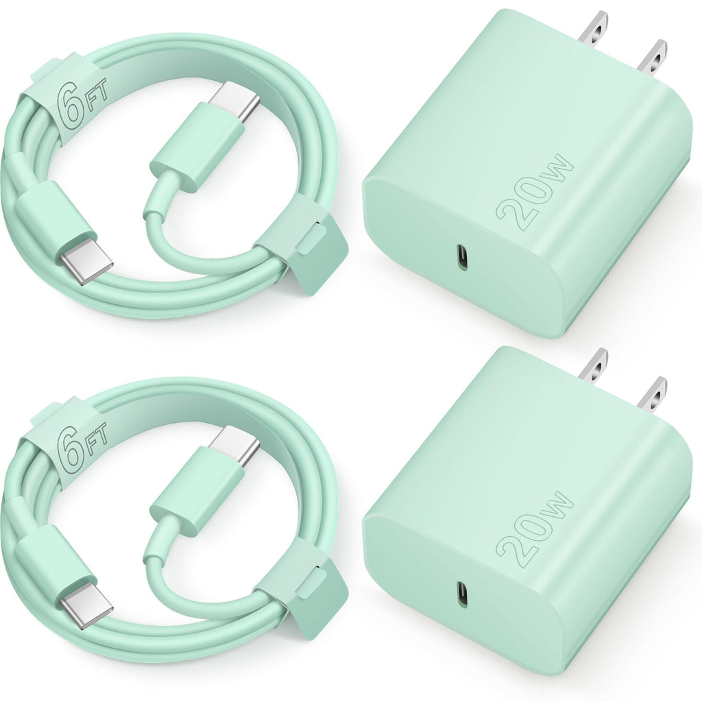 iPhone 15 Charger USB C Wall Charger iPad Pro Charger Block 2 Pack with 2 Pack 6FT Cable for iPhone 15/15 Plus/15 Pro/15 Pro Max/iPad Pro/Mini/Air/Air4/AirPods/Samsung(Green) Green