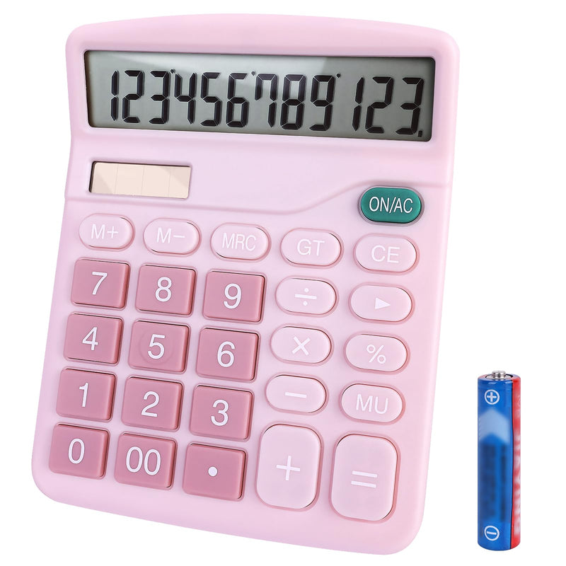 Basic Calculator with Comfortable Large LCD Display, 12 Digits Calculators Desktop, Tilt Screen, Big Button, Desk Calculator with Dual Power (Solar & Battery Included) (Pink) Pink