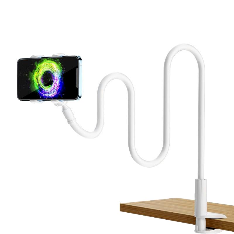 Gooseneck Phone Holder for Bed or Desk: Gooseneck Cell Phone Stand with 43.3 Inches Flexible Long Arm & Clamp | Headboard Phone Mount with Clip Fit for iPhone or Mobile Phone (White) White