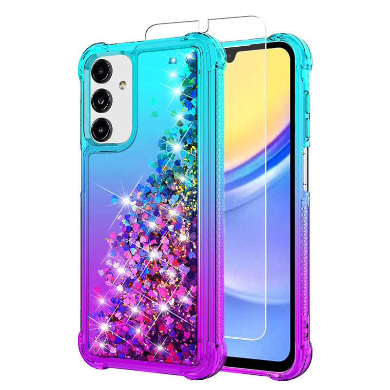 for Galaxy A15 5G Phone Case,Samsung Galaxy A15 5G Case,with HD Screen Protector,Gradient Quicksand Glitter Liquid Floating Cute Phone Case for Samsung A15 5G (Teal/Purple) Y Teal/Purple