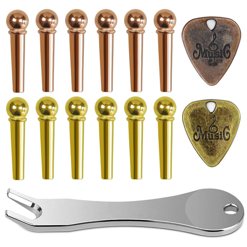 12 Pcs Acoustic Guitar Bridge Pins with Bridge Pin Puller Remover 2 Guitar Picks Guitar Pegs Guitar Parts Accessories Replacement Tools Kits