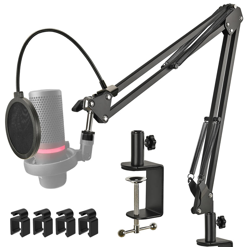DuoCast Boom Arm Mic Stand with Pop Filter, AdjustableMic Arm Suspension Boom Scissor Microphone Stand with Upgrade Desk Table Mount Clamp for HyperX DuoCast - RGB USB Condenser Microphone