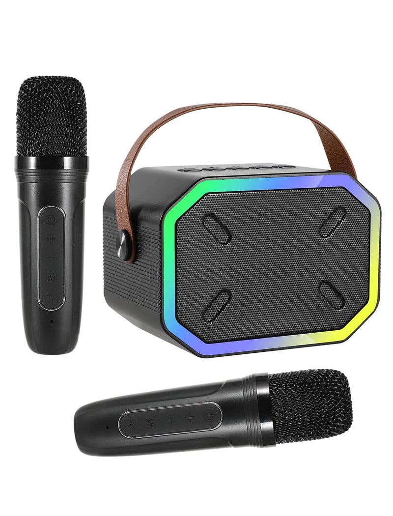 [AUSTRALIA] - Karaoke Machine for Kids and Adults, Mini Portable Bluetooth Speaker with 2 Wireless Microphones, Led Lights for TV, Kids Gifts for Girls Boys Family Party Birthday (Black) Rectangle Black 