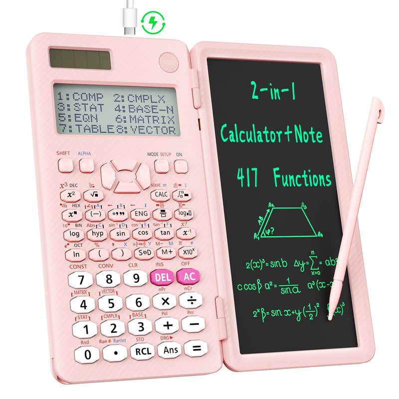 991ES MAX 417 Functions Scientific Calculators 4-Line Display with Notepad | ROATEE Rechargeable CalcNote, Foldable Portable for High School College Students and Teacher Back to School Supplies(Pink) Pink