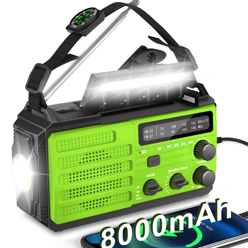 Emergency Weather Radio,8000mAh AMFM NOAA Weather Alert Radio,Solar Hand Crank Powered Radio with Super Bright Flashlight,Phone Charger,SOS Alarm,Compass for Survival, Hurricane,Outdoor, Emergency Green