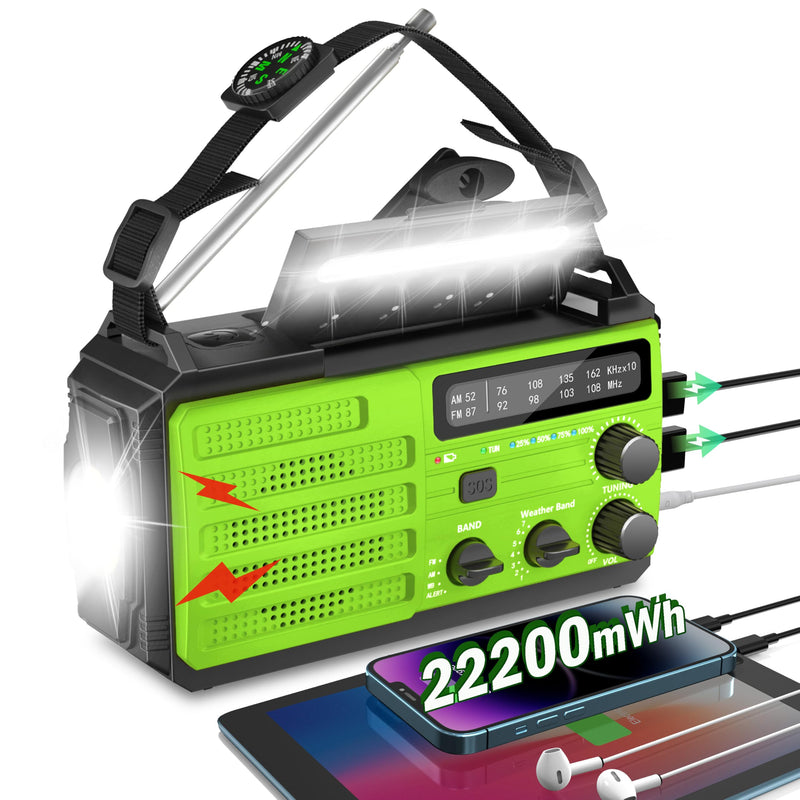 Emergency Radio with Solar & Hand Crank Radio 22200mWh (6000mAh) NOAA Emergency Weather Radio Alert, SOS Alarm, AM/FM, Hand Crank Flashlight, Compass for Tornado, Winter Storm, and Survival Kits Green