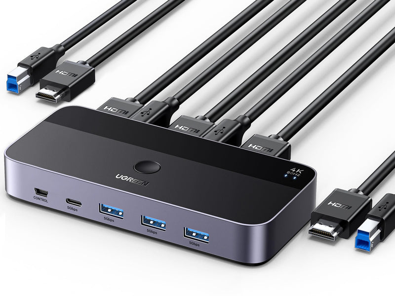 UGREEN HDMI KVM Switch 1 Monitor 2 Computers, Aluminum, 4K@60Hz | with 4 USB 3.0 Ports, for 2 PCs Sharing 1 Monitor Keyboard Mouse Hard Drives Printer, with 2 HDMI+2 USB Cables and Controller