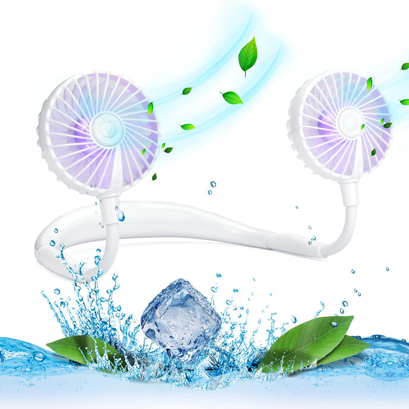 Portable Cooling Neck Fan, Rechargeable USB Personal Neck Fan with Colorful LED lights, 360° Rotation, Wearable Neck Fan Air Conditioner for Office Travel Sport, 3 Adjustable Speeds White