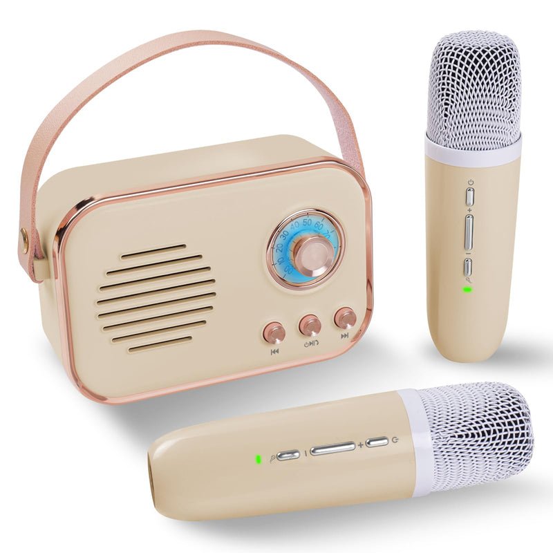 [AUSTRALIA] - Retro Karaoke Machine,Mini Karaoke Machine with 2 Wireless Microphones,Portable Small Karaoke Set Toys for Kids and Adults,Cool Tech Gifts for Birthday Home Party Ideas (Beige 2 Mic) Beige 2 Mic 