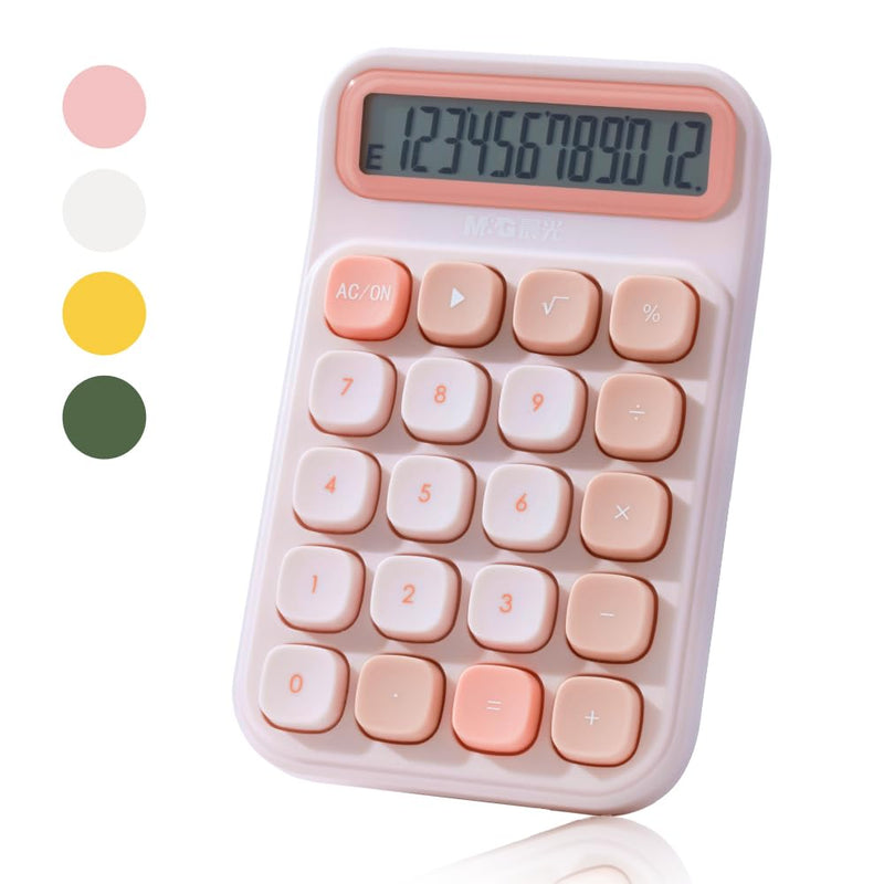 M&G Desktop Calculator 12 Digit Mechanical Switch Calculator with Large LCD Display, Basic Cute Pink Calculator with Big Buttons, Aesthetic Calculator for Office Home School (Battery Included)