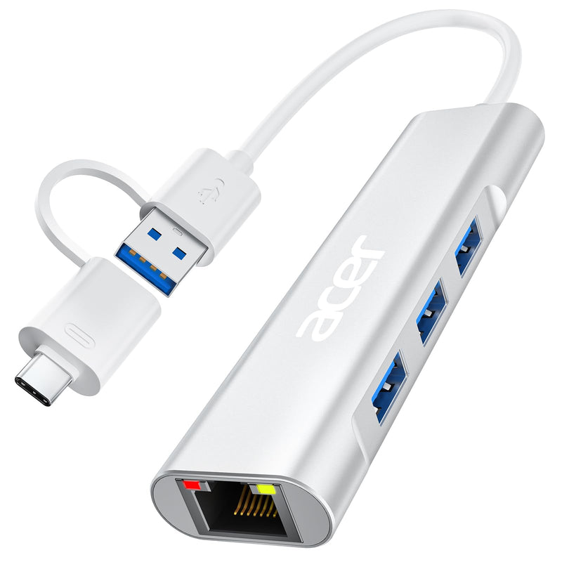 Acer USB C to Ethernet Adapter, 4-in-1 USB-A/C Hub with 3 USB-A 3.1 & 1Gbps RJ45 Networks, USB-C to LAN Adapter for MacBook Pro Air, Surface, Chromebook, Acer, Laptop, and More USB A+C
