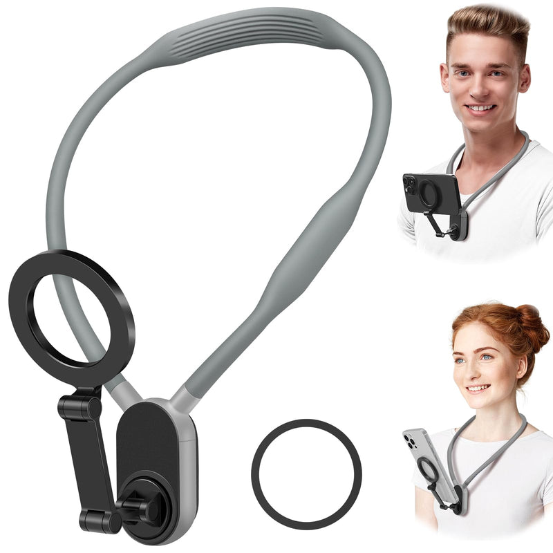 Keweis Magnetic Neck Phone Holder Cell Phone Mount, Hand Free POV/Vlog Flexible Phone Neck Holder Around Chest Stand Video Recording Fit for iPhone 15 14 13 12 Pro Max Plus Mini (Grey) Grey