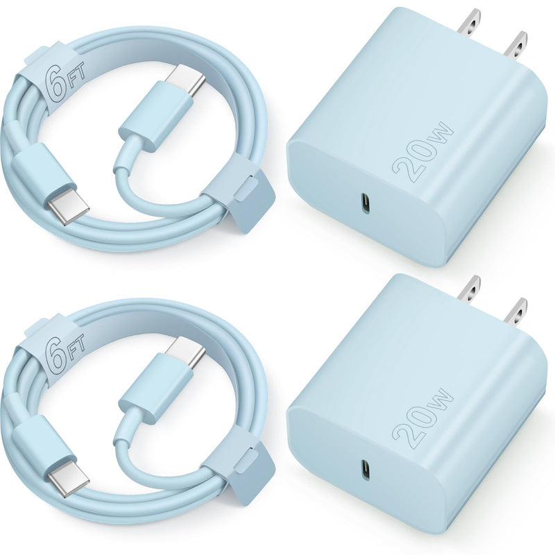 iPhone 15 Charger USB C Wall Charger iPad Pro Charger Block 2 Pack with 2 Pack 6FT Cable for iPhone 15/15 Plus/15 Pro/15 Pro Max/iPad Pro/Mini/Air/Air4/AirPods/Samsung(Blue) Blue