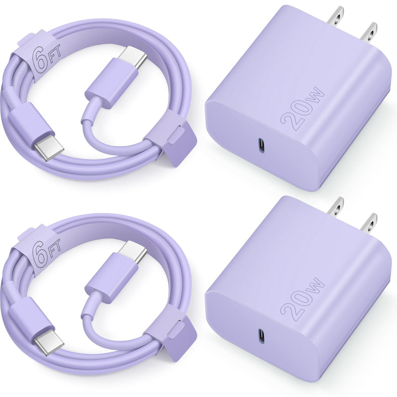 iPhone 15 Charger USB C Wall Charger iPad Pro Charger Block 2 Pack with 2 Pack 6FT Cable for iPhone 15/15 Plus/15 Pro/15 Pro Max/iPad Pro/Mini/Air/Air4/AirPods/Samsung(Purple) Purple