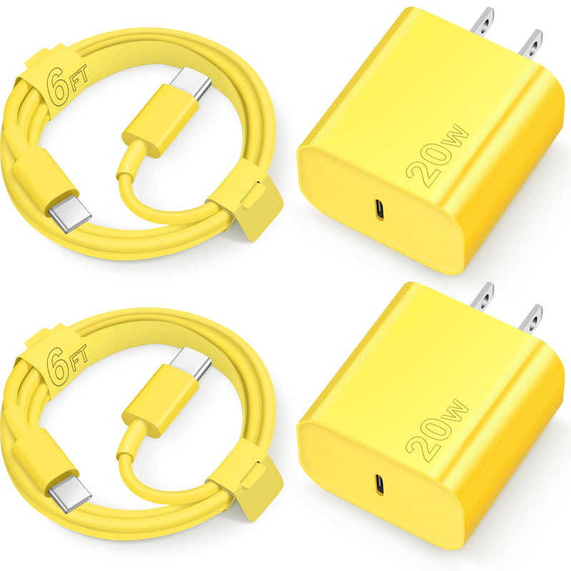 iPhone 15 Charger USB C Wall Charger iPad Pro Charger Block 2 Pack with 2 Pack 6FT Cable for iPhone 15/15 Plus/15 Pro/15 Pro Max/iPad Pro/Mini/Air/Air4/AirPods/Samsung(Yellow) Yellow