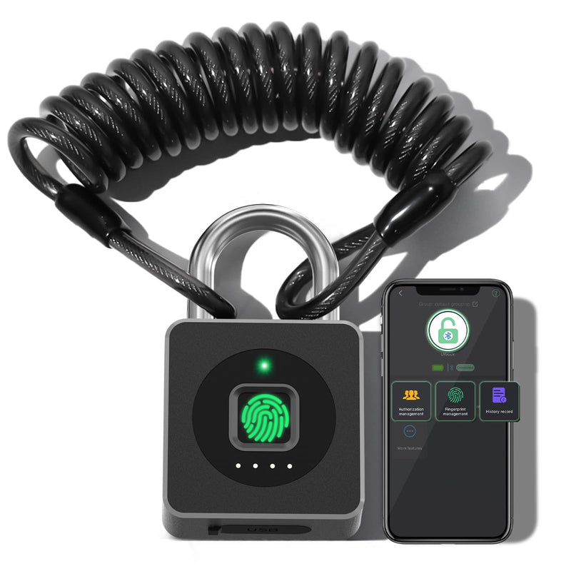 [AUSTRALIA] - Pothunder Fingerprint Padlock, Fingerprint Lock with APP, Padlock with Steel Cable Keyless Biometric, Smart Padlock Waterproof Suitable for Gym, Locker, Helmet, Gate, Fence, Luggage Black with Cable 