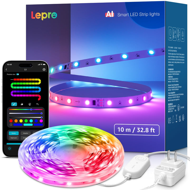 [AUSTRALIA] - Lepro S1 AI LED Strip Lights for Bedroom - 32.8ft Smart RGB Light Strips with IC and Rainbow Chasing Effects, Color Segment DIY, Personalized Al Lighting Designer, No Remote, 2.4G Wi-Fi & Bluetooth 