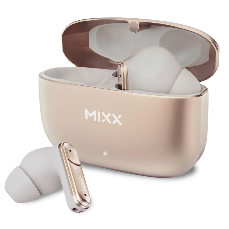 MIXX StreamBuds Custom 3 True Wireless Earbuds with Charging Case – 24hr Playtime, Quick Charge, App Control, Clear Voice Quad Mic, Noise Isolation – Bluetooth 5.3, Zinc Alloy Case - Champagne
