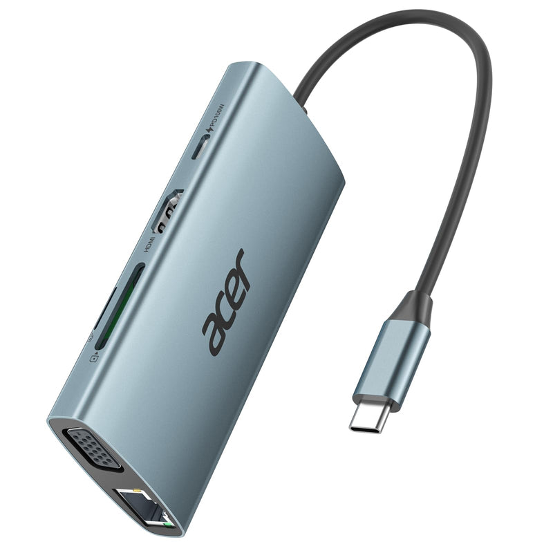 [AUSTRALIA] - Acer USB C Hub with 4k HDMI, 9-in-1 USB C to Ethernet Adapter, 5Gbps USB-A 3.1 Docking Station, PD 100W Charging, SD Card Reader, USB to VGA Splitter for MacBook, Acer, Laptops, Surface and More Space grey 