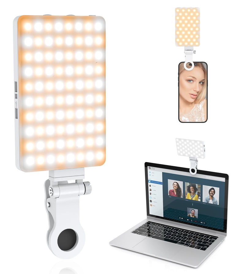 TONEOF 80 LED Portable Selfie Light,Rechargeable Phone Light with Clip,3 Light Modes 2000mAh Video Fill Light,Lighting for Video Recording, Makeup,Live Streaming,Vlog,Tablet/Laptop/Webcam White