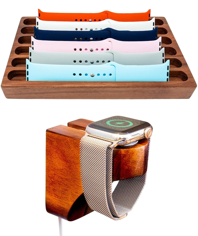 Wooden Watch Band Organizer and Wall Charging Stand Bundle - Works with All Apple Watch Bands (Walnut)