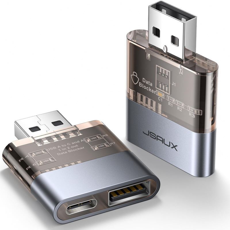 [AUSTRALIA] - JSAUX USB Data Blocker(2-Pack), Transparent 2-in-1 USB-A Male to USB-A & USB-C Female Data Blocker Only for Charge, Protect Against Juice Jacking, Refuse Hacking Provide Safe Charging 2 Pack(2-in-1) Grey 