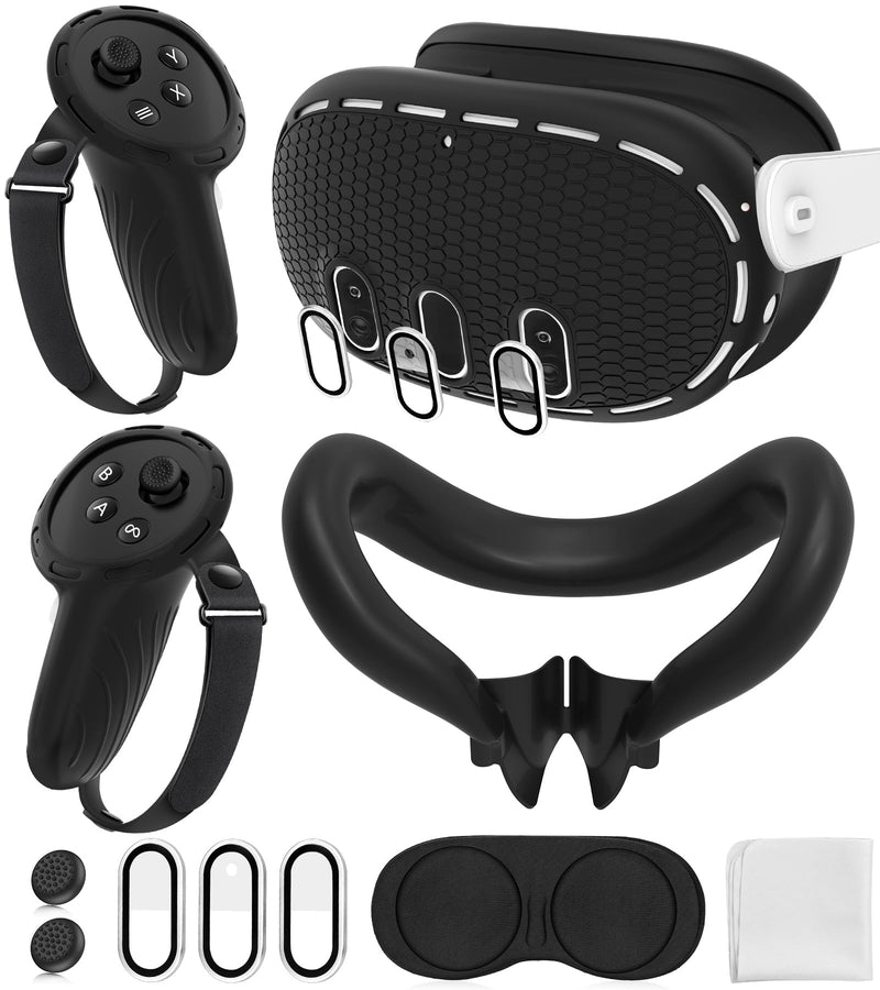 [AUSTRALIA] - Silicone Cover Set Compatible with Oculus/Meta Quest 3 Accessories, Touch Controller Grips Cover, VR Shell Cover, Facial Interface Cover, Protective Lens Cover, Tempered Glass Lens Caps (Black) Black 